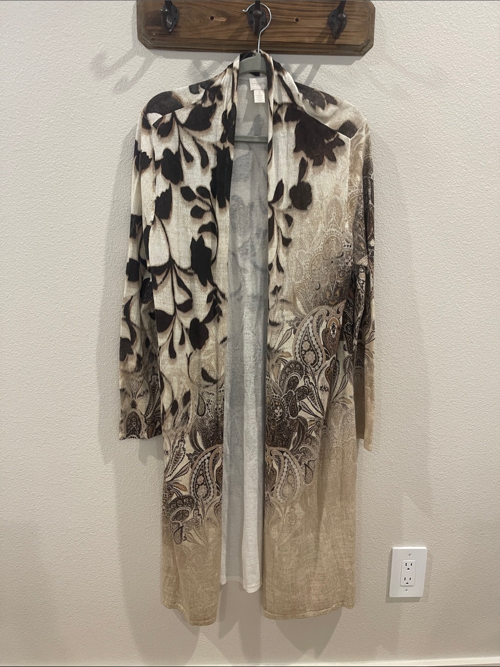Chico's Beige and Black Floral Paisley Open-Front Long Cardigan Sz 3